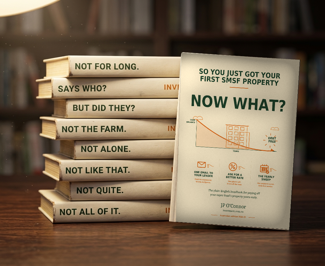 The nine Investmate handbooks stacked, with Now What? in front